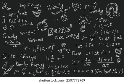 Physics formulas, science and education background. Chalkboard inscribed with scientific formulas and calculations in physics and mathematics. Retro vector illustration