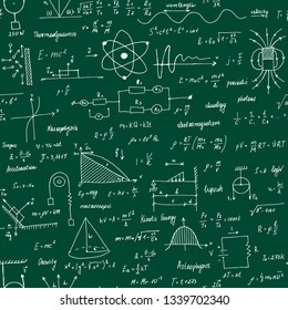 Physics Formulas. Seamless texture. School blackboard with the formulas and equations. 