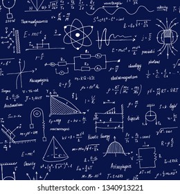 Physics Formulas. Seamless texture. School blackboard with the formulas and equations. 