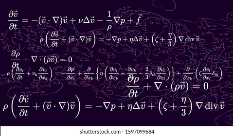 Physics formulas that describe the motion of viscous fluid substances: Navier–Stokes equations. Chalkboard with schemes and calculations.