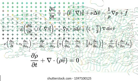 Physics formulas that describe the motion of viscous fluid substances: Navier–Stokes equations. Board with schemes and calculations.