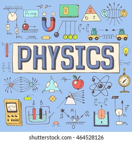 Physics hand drawn colorful vector illustration with doodle physical formulas, schemes and objects, isolated on background.