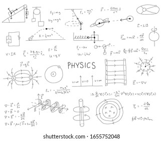Physics hand drawn line clip art. Black color on white background. Includes equations, functions, and diagram sketches and doodles.