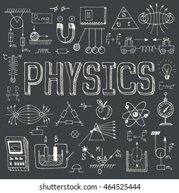Physics hand drawn vector illustration with doodle physical formulas, schemes and objects, isolated on a blackboard.