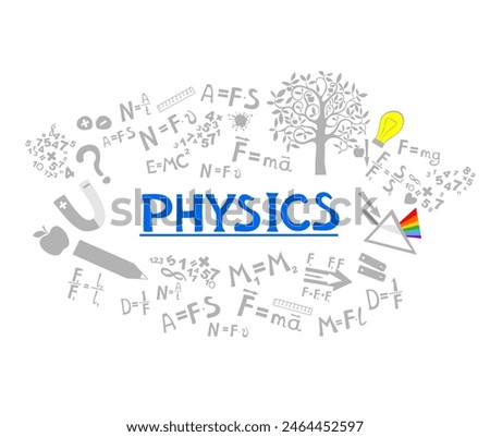 Physics. Higher education and studying online concept. Science background Horizontal banner.  Icons and formulas set. Spectrum. School test or lab.  Сoncept of study, school, education, exams, tests.