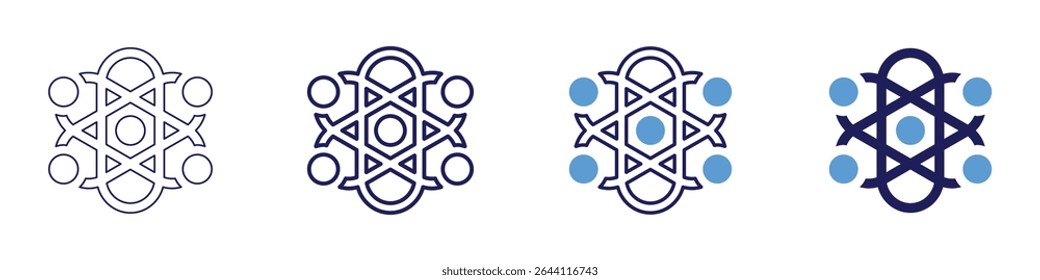 Icono de física en 4 estilos diferentes. Línea delgada, línea, línea en negrita, duotono. Estilo duotono. Trazo editable.