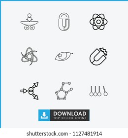 Physics icon. collection of 9 physics outline icons such as magnet, atom, atom move. editable physics icons for web and mobile.