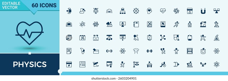 Physics icon collection. Contain linear sign atomic, mechanics, experiment, analysis, research and more. Flat icons set. Solid line editable stroke. Pixel Perfect.