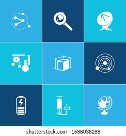 Physics icon set and 3d modeling with equipment for experiments, charging and solar system. Geography related physics icon vector for web UI logo design.