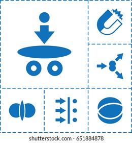 Physics icon. set of 6 physics filled icons such as atom, atom fusion, atom move