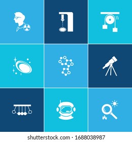 Physics icon set and astronaut helmet with laser device, making fire and telescope tube. Spyglass related physics icon vector for web UI logo design.