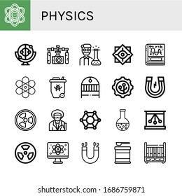 physics icon set. Collection of Physics, Momentum, Gimbal, Chemist, Philosophy, Calculus, Atom, Radioactive, Cradle, Nanotechnology, Magnet, Radiation, Scientist, Molecular icons