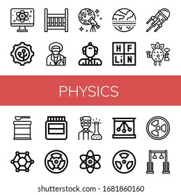 physics icon set. Collection of Quantum, Nanotechnology, Cradle, Scientist, Discovery, Equator, Periodic table, Scientific, Formula, Molecular, Hormones, Radioactive, Chemist icons