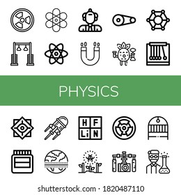 conjunto de iconos de física. Colección de radiación, polea, átomo, científico, imán, científico, molecular, péndulo, filosofía, hormonas, nanotecnología, ecuador, íconos de tabla periódicos