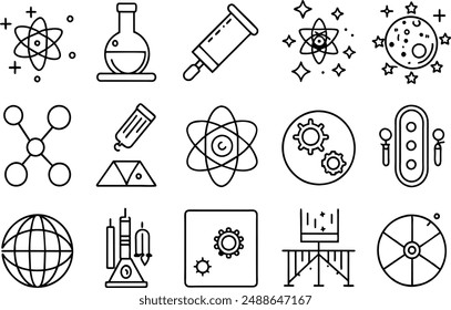 physics icon set. editable stroke outline icons set. vector illustration.