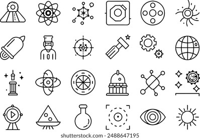 physics icon set. editable stroke outline icons set. vector illustration.