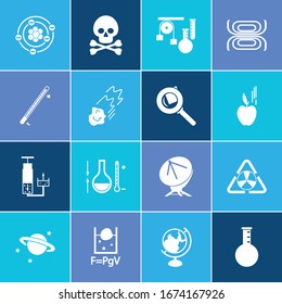 Physics icon set and electrons with physics formula, chemical thermometer and radio telescope. Temperature measurement related physics icon vector for web UI logo design.