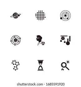 Physics icon set and electrons with physics scientist, making fire, sand glasses. Molecular physics related physics icon vector for web UI logo design.