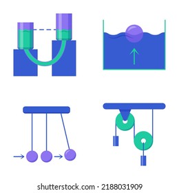 Physics icon set in flat style. Newton cradle, communicating vessels, buoyant force and pulley block system symbols. Vector illustration.