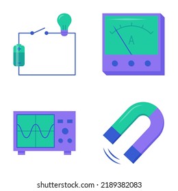 Physics icon set in flat style. Electric circuit scheme, magnetic force, ammeter and oscilloscope symbols. Vector illustration.