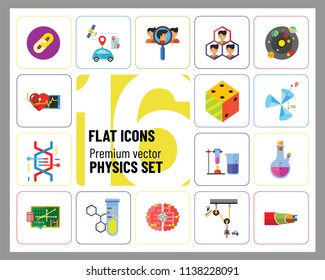 Physics Icon Set. Galaxy Radiation Sign Substance In Test Tubes Flask Genetic Engineering Logic Concept Mathematics Algebra Chemistry Artificial Intelligence Cardiology Optic Cable