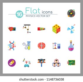 Physics Icon Set. Galaxy Radiation Sign Substance In Test Tubes Flask Genetic Engineering Logic Concept Mathematics Algebra Chemistry Artificial Intelligence Cardiology Optic Cable
