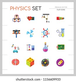 Physics Icon Set. Galaxy Radiation Sign Substance In Test Tubes Flask Genetic Engineering Logic Concept Mathematics Algebra Chemistry Artificial Intelligence Cardiology Optic Cable