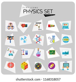 Physics Icon Set. Galaxy Radiation Sign Substance In Test Tubes Flask Genetic Engineering Logic Concept Mathematics Algebra Chemistry Artificial Intelligence Cardiology Optic Cable