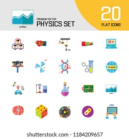 Physics Icon Set. Galaxy Radiation Sign Substance In Test Tubes Flask Genetic Engineering Logic Concept Mathematics Algebra Chemistry Artificial Intelligence Cardiology Optic Cable
