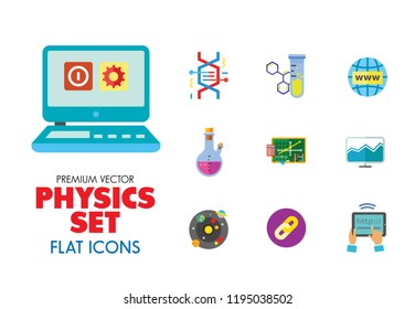 Physics Icon Set. Galaxy Radiation Sign Substance In Test Tubes Flask Genetic Engineering Logic Concept Mathematics Algebra Chemistry Artificial Intelligence Cardiology Optic Cable