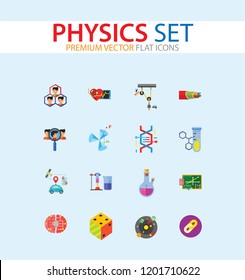 Physics Icon Set. Galaxy Radiation Sign Substance In Test Tubes Flask Genetic Engineering Logic Concept Mathematics Algebra Chemistry Artificial Intelligence Cardiology Optic Cable