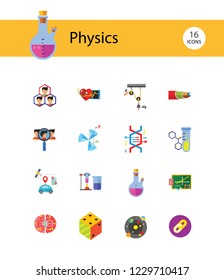 Physics Icon Set. Galaxy Radiation Sign Substance In Test Tubes Flask Genetic Engineering Logic Concept Mathematics Algebra Chemistry Artificial Intelligence Cardiology Optic Cable