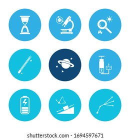 Physics icon set and making fire with constellation, chemical thermometer and experiments in physics. Battery related physics icon vector for web UI logo design.