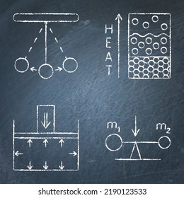 Physics Icon Set On Chalkboard. Pendulum Oscillation, Aggregate States Of Matter, Pressure Force And Center Of Mass Symbols. Vector Illustration.