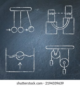 Physics icon set on chalkboard. Newton cradle, communicating vessels, buoyant force and pulley block system symbols. Vector illustration.