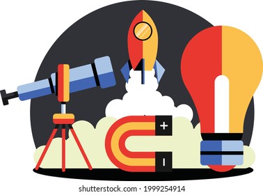 Physics icon set for school education showing telescope, horse-shoe magnet, electric bulb, rocket and space research