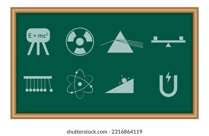 Conjunto de iconos de física. Iconos de física de la ciencia. Recursos matemáticos para profesores y estudiantes. Ilustración vectorial científica aislada en fondo blanco.