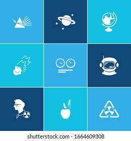 Physics icon set and speed comparison with planet with ring, flying meteor and dispersion of light. Spacesuit related physics icon vector for web UI logo design.