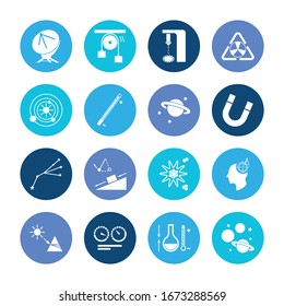 Physics icon set and technical mind with chemical thermometer, constellation and classical mechanics. Astrology related physics icon vector for web UI logo design.