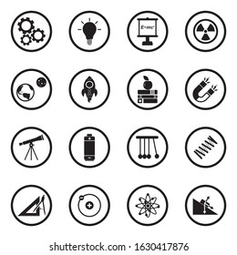 Physics Icons. Black Flat Design In Circle. Vector Illustration.