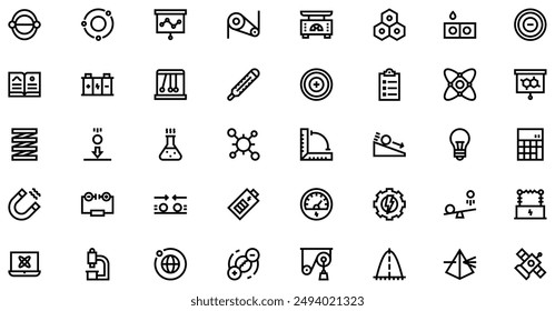 Physics icons collection is a vector illustration with editable stroke, offering versatility and customization. Perfect for various design needs, it includes high-quality graphics.