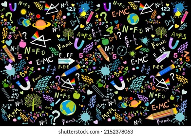 Physics. Icons And Formulas Set. School Background. Seamless Pattern With Doodles. School Test Or Lab. Science Background. Education And Studying Online Concept.  Vector Illustration