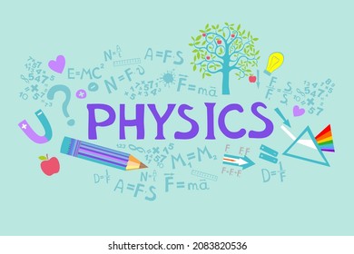  Physics. Icons and formulas set. Spectrum. School test or lab. Hand drawn doodle symbols. Spectrum, Magnetism, Mechanics. Science background.Education and studying online concept.  Vector