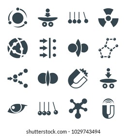 Physics icons. set of 16 editable filled physics icons such as magnet, cradle, atom fusion, atom move, atom