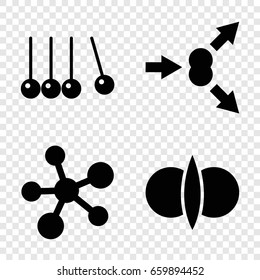 Physics icons set. set of 4 physics filled icons such as atom fusion, atom move, atom