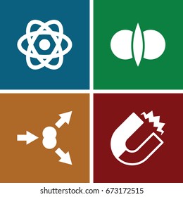 Physics icons set. set of 4 physics filled icons such as atom, atom fusion, atom move