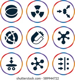physics icons set. Set of 9 physics filled icons such as atom, radiation, atom move