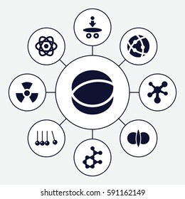 physics icons set. Set of 9 physics filled icons such as atom, radiation, atom fusion