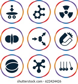 Physics icons set. set of 9 physics filled icons such as atom, radiation, atom fusion, atom move, magnet