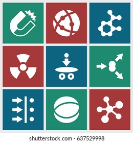 Physics icons set. set of 9 physics filled icons such as atom, radiation, atom move